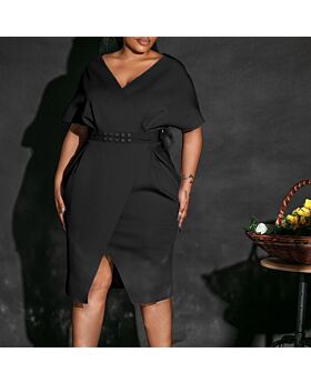 Belt Slit Short Sleeve Pleated Slim Dress Wholesale Dresses N4623050300072
