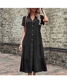 Solid Color Single-Breasted Mid-Length Lapel Casual Smocked Dress Wholesale Dresses