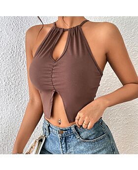 Sexy Hanging Neck Strap Solid Color Hollow Slit Crop Tops Wholesale Women'S Tops N464023022200180
