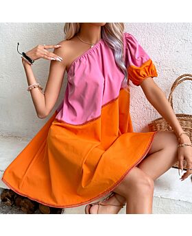 Color Matching Loose Shoulder Puff Sleeve Dress Wholesale Dresses
