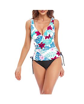 Floral Print Sexy V-Neck Side Drawstring Tankinis Split Swimsuit Wholesale Womens Swimwear N5323022800079
