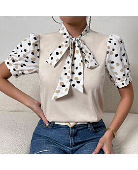 Puff Sleeve Polka Dot Print Bowknot Tie-Up Collar Short Sleeve Shirts Wholesale Womens Tops N5323032300175
