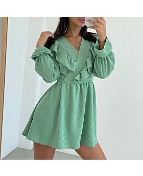 Commuter Ruffled V-Neck Puff Sleeve Solid Color A-Line Dress Wholesale Dresses N463423021400186