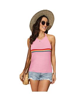 Fashion Rainbow Color Blocking Backless Knitted Hanging Neck Top Wholesale Womens Tops V5923052600010
