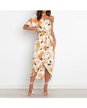 Lace-Up Flower Print One-Shoulder Flare Sleeves Slim Wrap Dress Wholesale Dresses N5323030300091