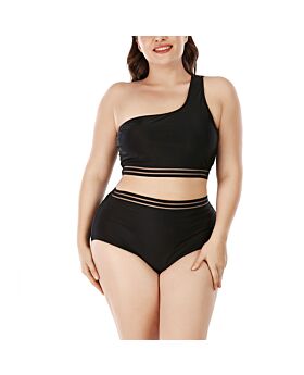 Solid Color Split Swimsuits Plus Size Slanted Shoulder Bikinis Sets Wholesale Womens Swimwear In Black