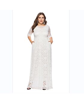 Sexy Hollow Lace Long Sleeve Maxi Dress With Pockets Solid Color Wholesale Plus Size Clothing In White