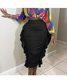 Solid Color High Waist Fashion Ruffled Slim-Fit Sheath Bodycon Skirt Wholesale Skirts
