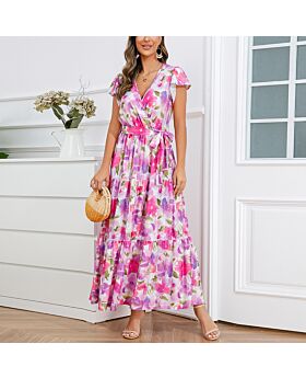 V-Neck Ruffle Short Sleeve Tie-Up Waist Floral Print Smocked Dress Wholesale Maxi Dresses N5323032300041