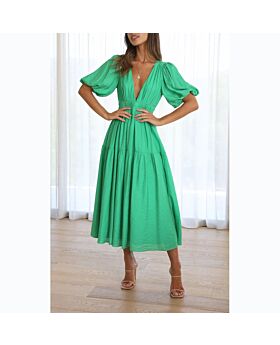 Solid Color Sexy Deep V-Neck Puff Sleeve Tight Waist Mid-Length Fashion Dress Wholesale Dresses N5323031000034