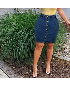 Fashion Single-Breasted Button Front Denim Skirt Solid Color Bodycon Wholesale Plus Size Clothing In Darkblue