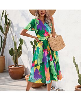 Summer Flower Print Short Sleeve Mid Length Fashion Pleated Dress Wholesale Dresses 