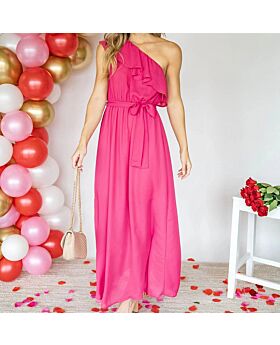 Sloping Shoulder Waist Solid Color Open Back Sexy Dress Wholesale Maxi Dresses