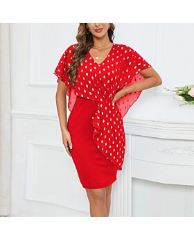 Fashion Slim-Fit Elegant V-Neck Polka Dot Chiffon Bodycon Dress Wholesale Dresses N5323032300044