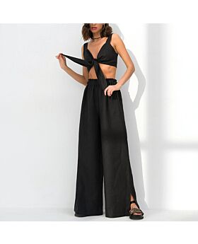 Low Cut Crop Tops High Waist Slit Trousers Solid Color Suit Wholesale Womens Clothing N4623070600049
