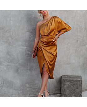 Sexy Slanted Shoulder Slim Fit Mid-Length Evening Satin Dress Wholesale Dresses N5323022200182