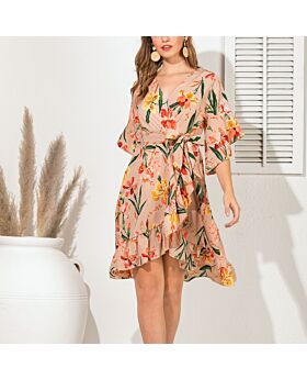 Printed V-Neck Slim Fit Fashion Swing Mid Sleeve Ruffled Wrap Dress Wholesale Dresses N5323031600010
