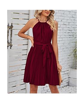 Summer Halterneck Lace-Up Sleeveless Pleated Dress Wholesale Dresses