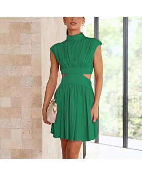 Solid Color Summer Hollow Waist Stand Collar Fashion Pleated Dress Wholesale Dresses N5323031000010