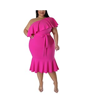 Sexy One Shoulder Ruffled Slim Fit Midi Curvy Dresses Wholesale Plus Size Clothing N5323031700083