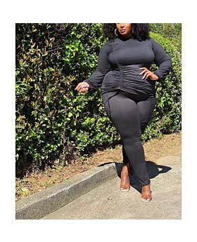 Wholesale Plus Size Womens Clothing Solid Color Tight Pleated Long Sleeve Top Trousers Set N4623070300218
