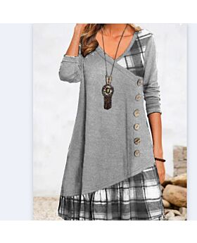 Plaid Stitching Long Sleeve Loose Button Dress Wholesale Dresses
