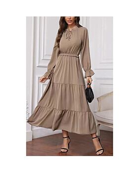 Solid Color Long Sleeve Lace-Up Collar Long Smocked Flowy Dress Wholesale Dresses N5323032300048