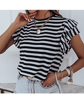 Striped Casual Pullover Slim-Fit Ruffled Short-Sleeved T-Shirt Wholesale Women'S Top N4623051900029
