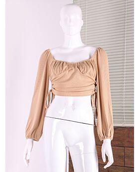 Lantern sleeves Low-cut Lace Up Ruched Crop Top 210726448