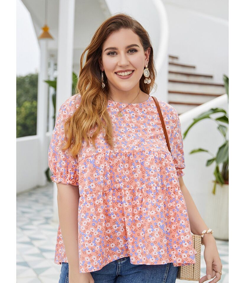 Plus Size Daisy Flower Print Puff Sleeve Frill Top