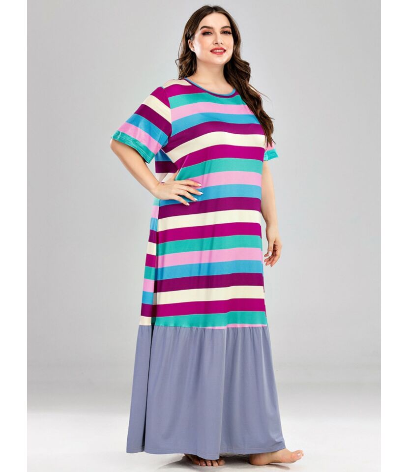 Plus Size Striped Colorblock Short Sleeve Loungewear Maxi Dress