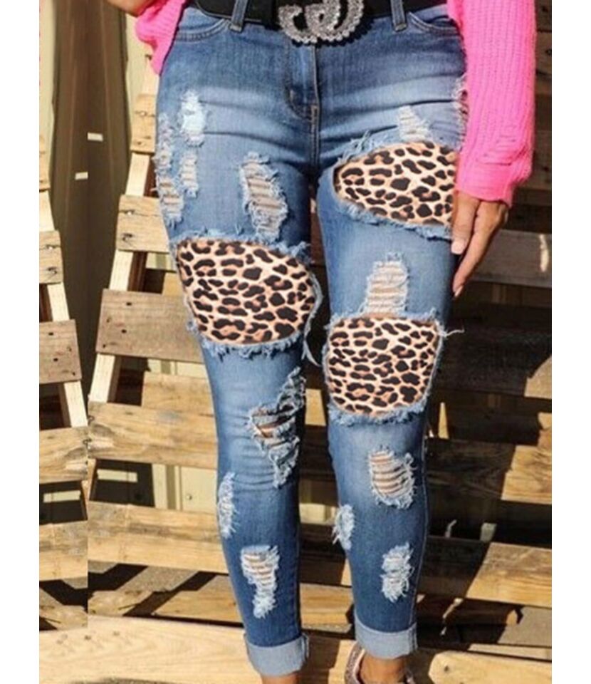 Leopard Insert Ripped Pocket Slim Fit Jeans