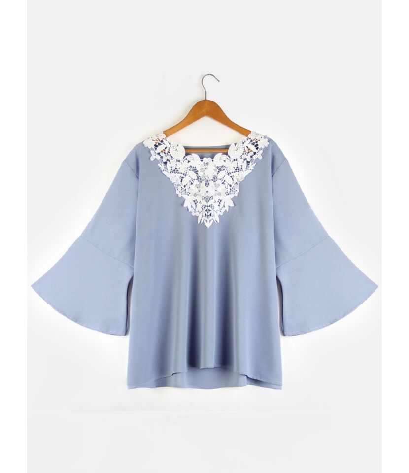 Plus Size Flare Sleeve Lace Patchwork Blouse