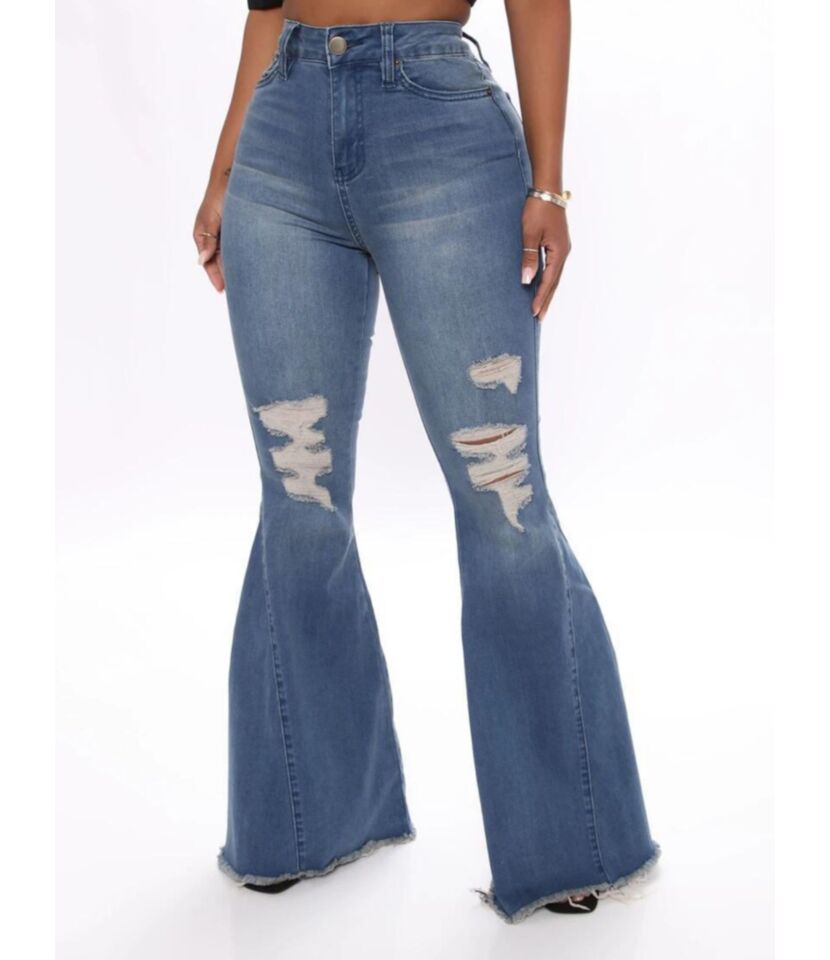 Fringe Ripped Bell-bottom Denim Pants