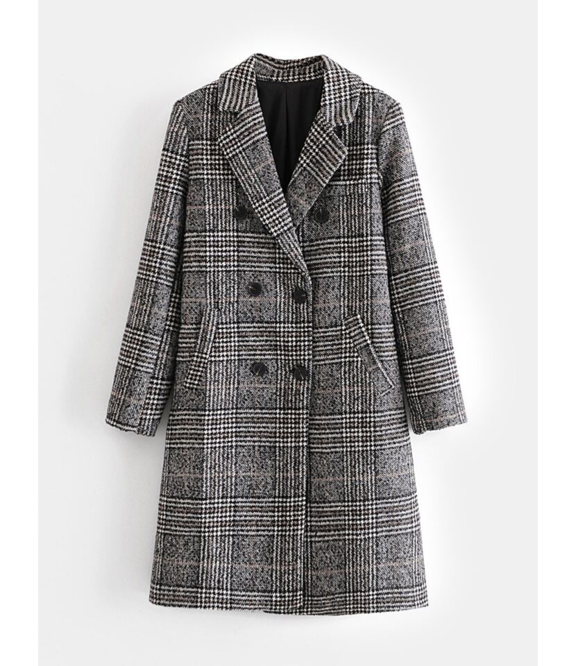 Notch Collar Double-breasted Houndstooth Coat