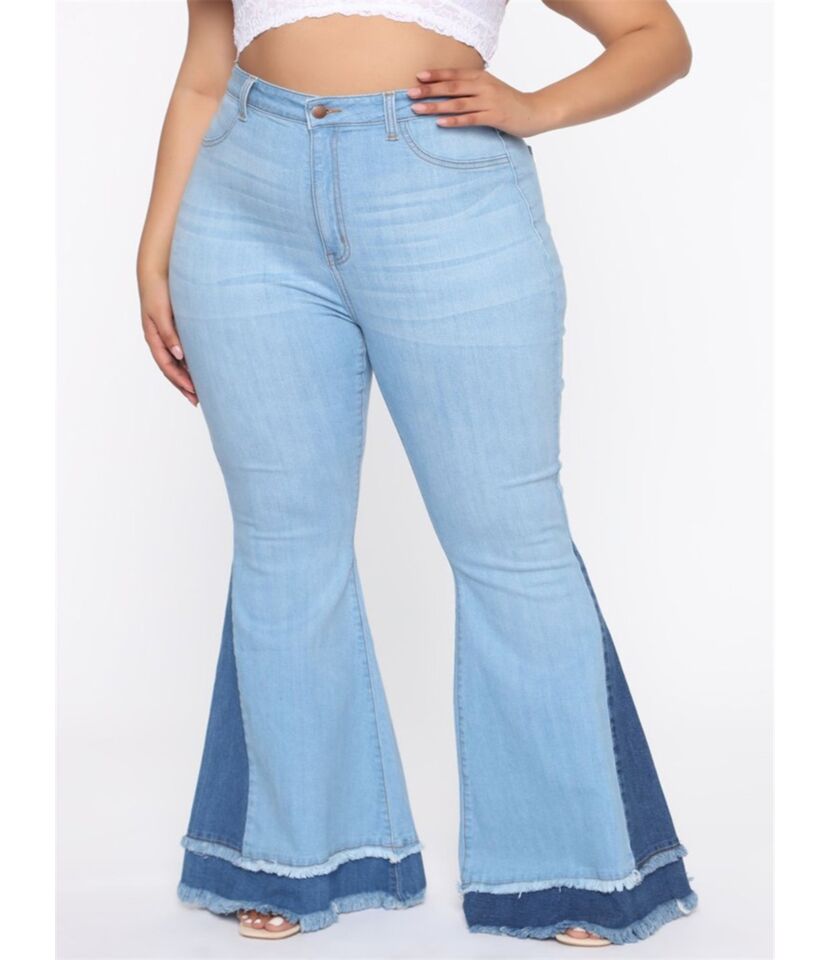 Plus Size Fringe Hem Patchwork Flare Jeans