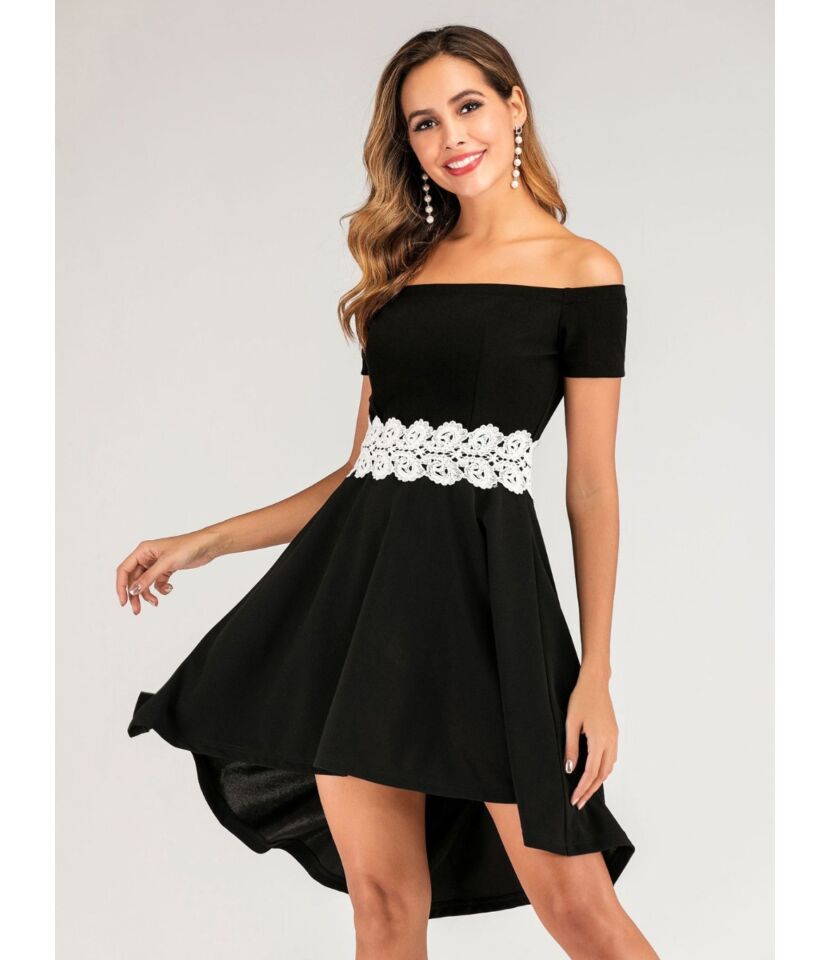 Hi-Lo Hem Off Shoulder Lace Trim Dress