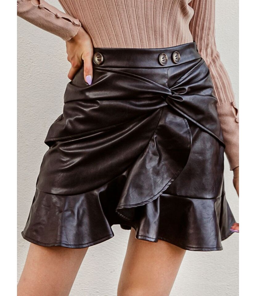 Twist Front Ruffle Hem Leather Skirt