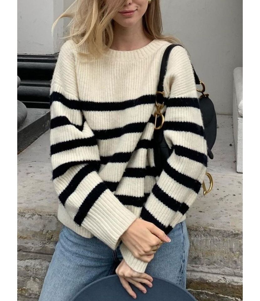 Buy Drop Shoulder Striped Rib-knit Crew Sweater - SheStar