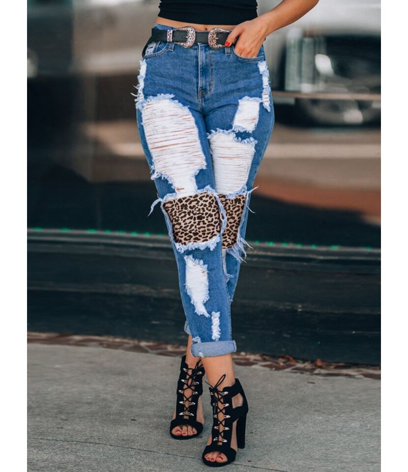 Street Style Leopard Patch Ripped Distressed Jeans