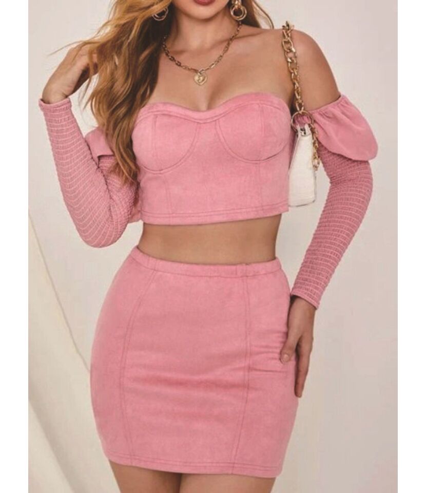 Shirred Sleeve Off The Shoulder Crop Top Match Skirt Outfit