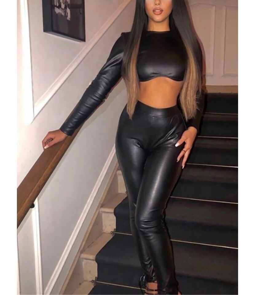 Black Cropped Top with Black Leather Leggings Summer Outfits In