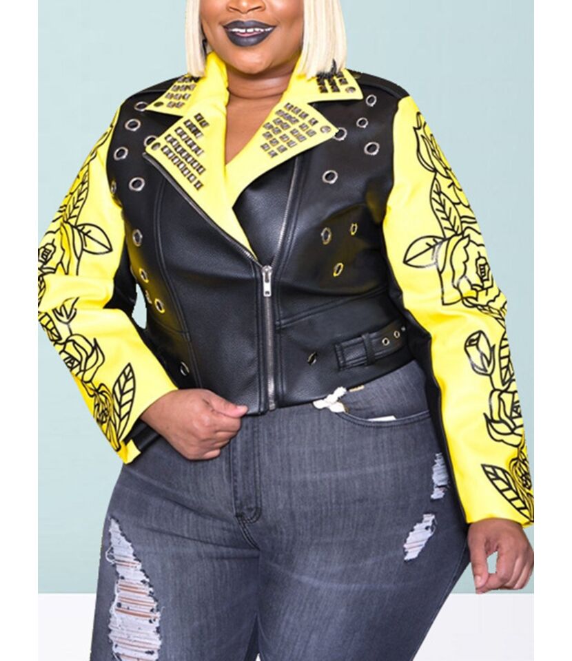 Plus Size Boss Lady Flower Print Eyelet Studded Leather Jacket