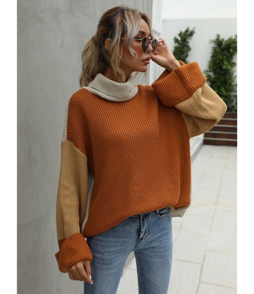 Drop Shoulder High Neck Color Blocking Pullover Sweater