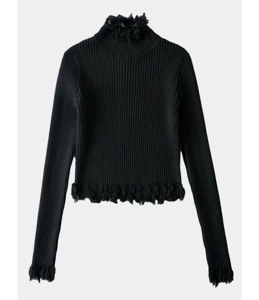 Turtle Collar Fringe Trimmed Ribbed Knitted Top