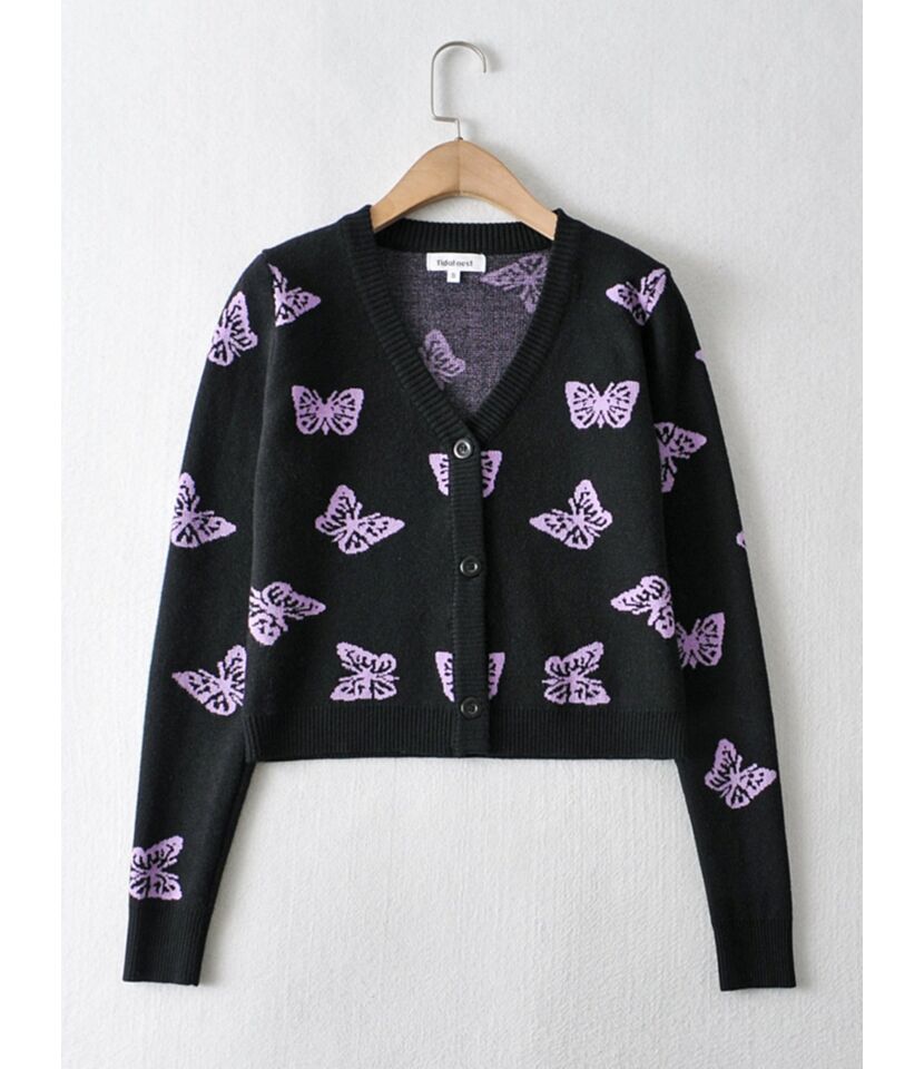 V-neck Butterfly Jacquard Knit Sweater Cardigan