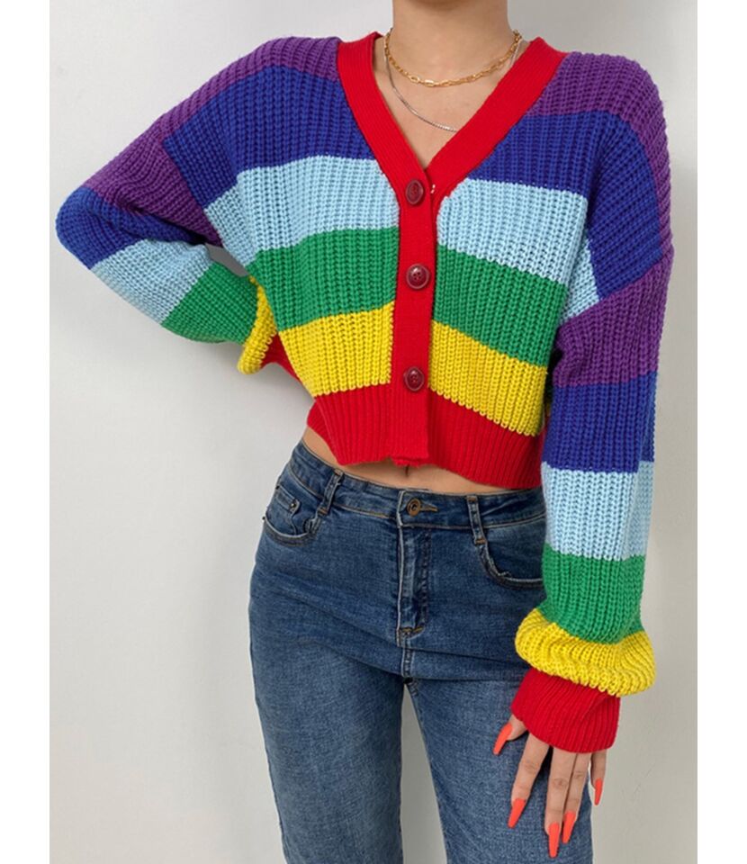 Rainbow Striped Knitted Cardigan Sweater