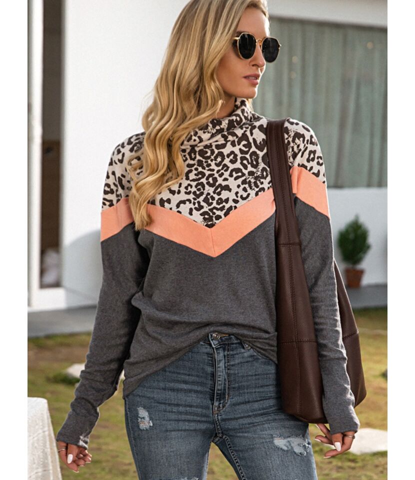 Color Blocking Stacked Collar Leopard Detail Smock Top