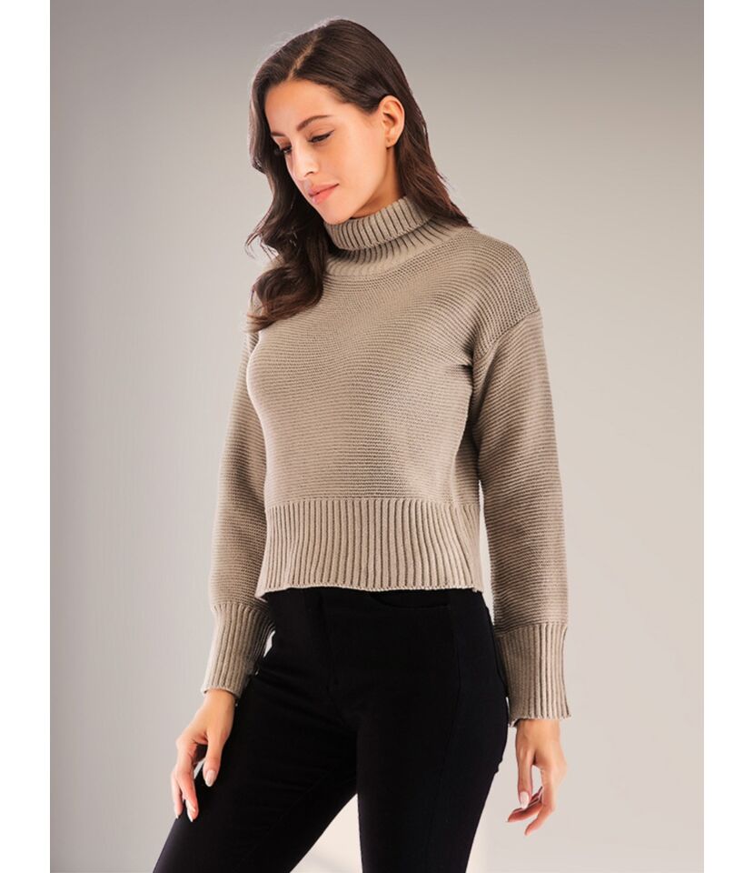 Turtleneck Drop Sleeve Textured Knit Khaki Sweater