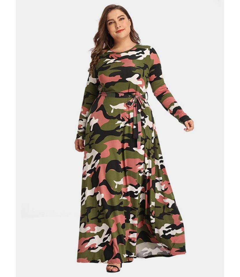 Plus Size Self-tie Camouflage Maxi Dress